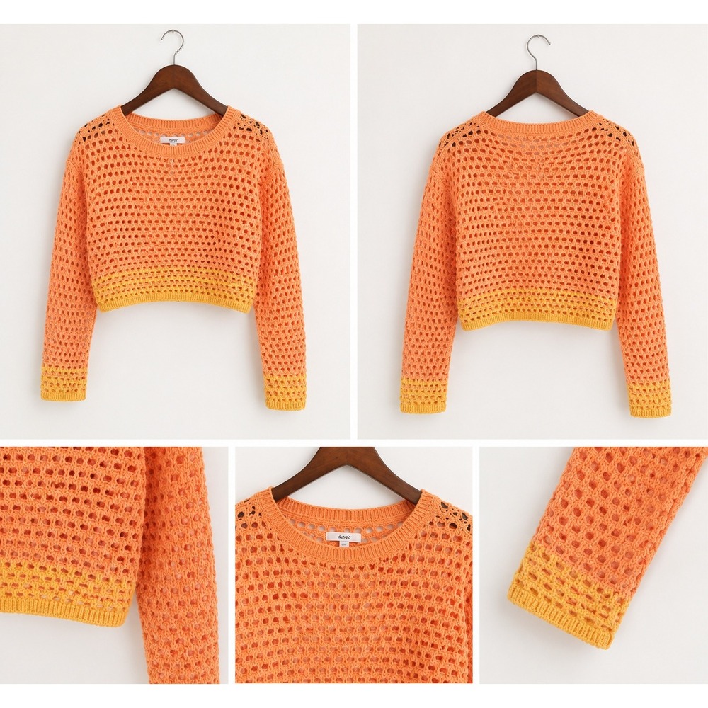 Aerie Open Knit Crochet Crop Sweater Orange Yellow Ombre Size M